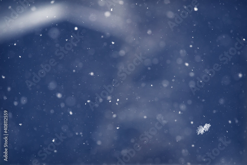 Blue snow background bokeh texture with snowflakes © Kieran