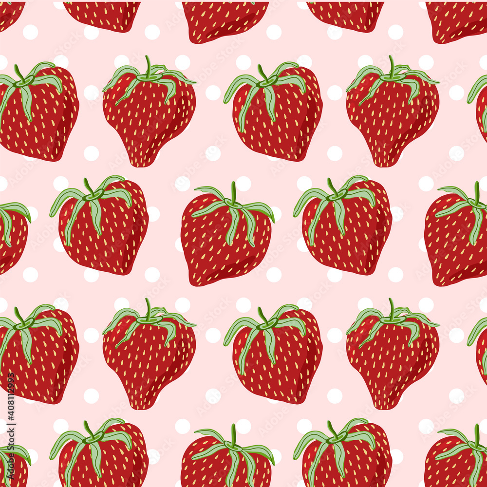 Flat style seamless pattern of strawberries. Trendy vector wallpaper with strawberry and polka dots on pink. Infinite background concept for package, wrapper, stationery, cover, textile, app, web. Flat style seamless pattern of strawberries. Trendy vector wallpaper with strawberry and polka dots on pink. Infinite background concept for package, wrapper, stationery, cover, textile, app, web.