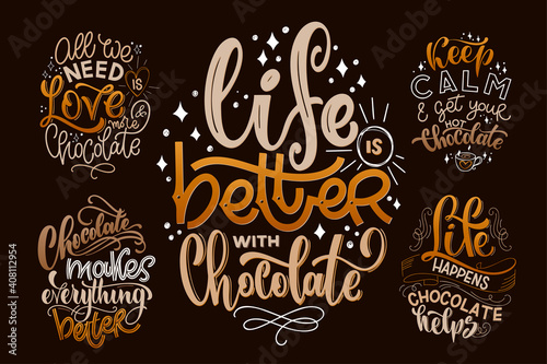 Chocolate hand lettering quotes set. Warm Christmas winter word composition. Vector design elements for t-shirts, posters, cards, stickers and menu