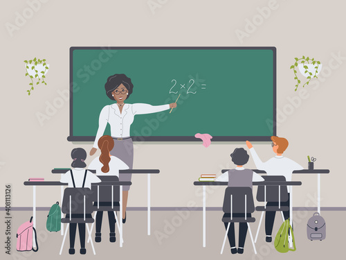 African female math teacher explaining multiplication to elementary school pupils or children near chalkboard. Young woman teaching mathematics or arithmetic to kids sitting at desks in class.Vector