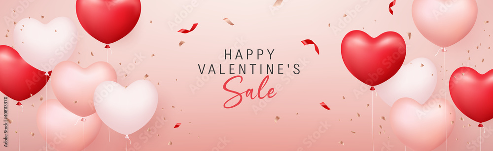 Happy valentine's sale red pink, white balloon heart banners design on pink background, Eps 10 vector illustration
