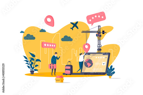 Booking concept in flat style. Tourists planning trip with online web service scene. Ticket orders, hotel search and reservation banner. Vector illustration with people characters in work situation.