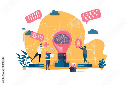 Brainstorming concept in flat style. Creative team generate and development business project scene. Innovation solution, new startup launch. Vector illustration with people characters in situation.
