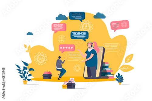 Customer support concept in flat style. Client talking with support operator scene. Call center service, hotline consultation web banner. Vector illustration with people characters in work situation.