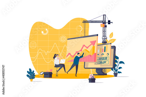 Data analysis concept in flat style. Analyst analyzing growing diagram scene. Financial predictive analytics and forecasting web banner. Vector illustration with people characters in work situation.