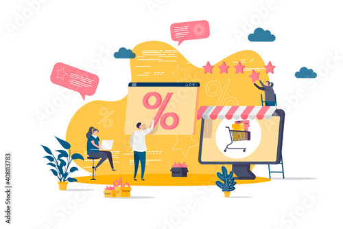 Discount of goods concept in flat style. Shoppers view discount sales propositions scene. Seasonal discounting, special offer and retail advertising. Vector illustration with people characters.