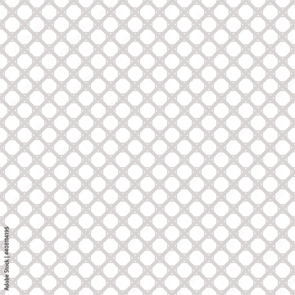 Vector seamless pattern with diamond grid, net, mesh, lattice, grill, diagonal lines, squares. Abstract gray and white geometric texture. Simple minimal background. Repeat design for decor, print