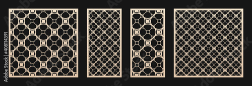 Laser cut panel. Vector template, abstract geometric pattern in Oriental style. Elegant round grid, mesh, lattice ornament. Decorative stencil for laser cutting of wood, metal. Aspect ratio 1:1, 1:2
