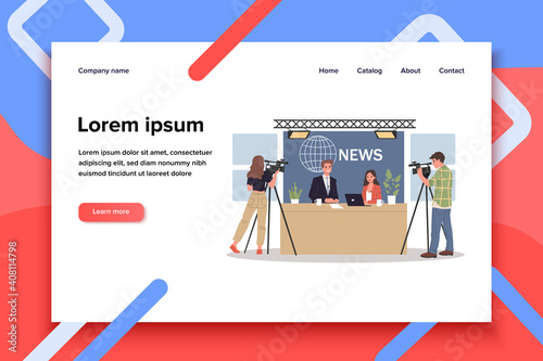 Couple of news anchors. Cameramen, presenters on breaking news background flat vector illustration. TV show, channel, broadcasting concept for banner, website design or landing web page