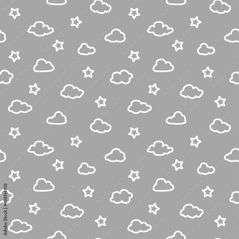 Clouds and stars seamless pattern. White and grey design for print, fabric or paper. Clouds and stars seamless pattern. White and grey design for print, fabric or paper.