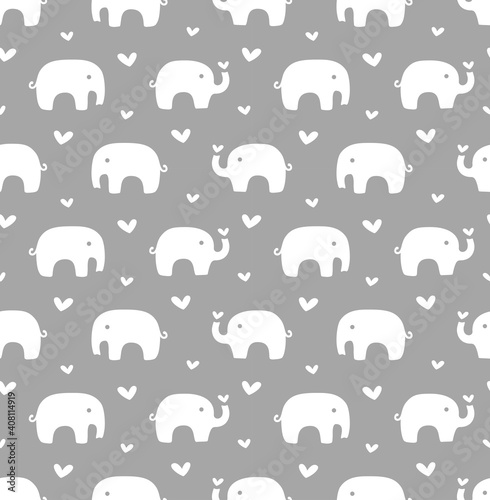 Elephants and hearts seamless pattern design. Heart and elephant print for kids and baby fabric or paper in white and grey.