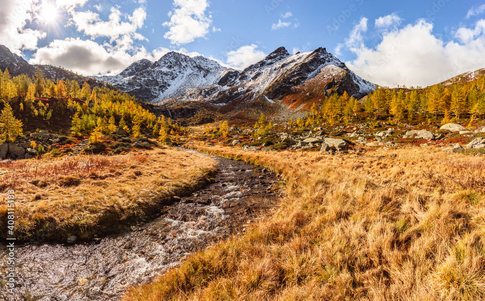 Arpy Lake and the surrounding area during the fall and changing of the colors. Foliage, reflection and snowy peaks Arpy Lake and the surrounding area during the fall and changing of the colors. Foliage, reflection and snowy peaks