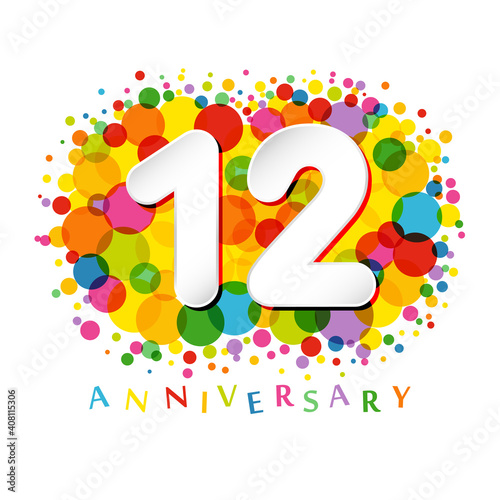 12th anniversary numbers. 12 years old multicolored congrats. Cute congratulation concept. Isolated abstract graphic design template. Age digits. Up to 12%, -12% percent off discount. Decorative sign.