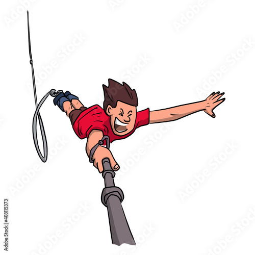 Young man doing a bungee jump with selfie stick in hand illustration vector isolated on white background.