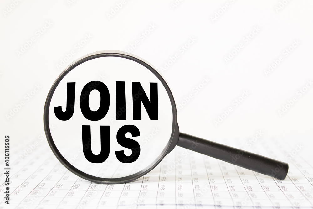 words JOIN US in a magnifying glass on a white background. business concept words JOIN US in a magnifying glass on a white background. business concept