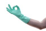 Hand ok sign. Man's hand in green rubber glove shows symbol of fine, making Gesture okay. Copy space for text