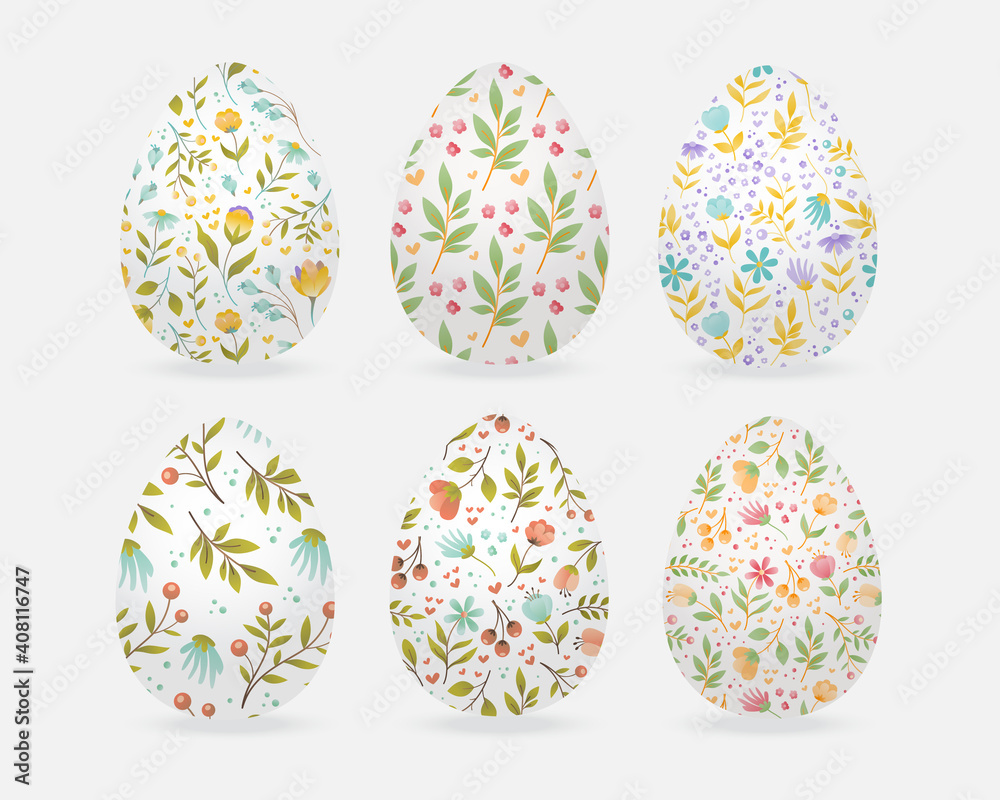 Easter eggs collection with floral ornament on white background