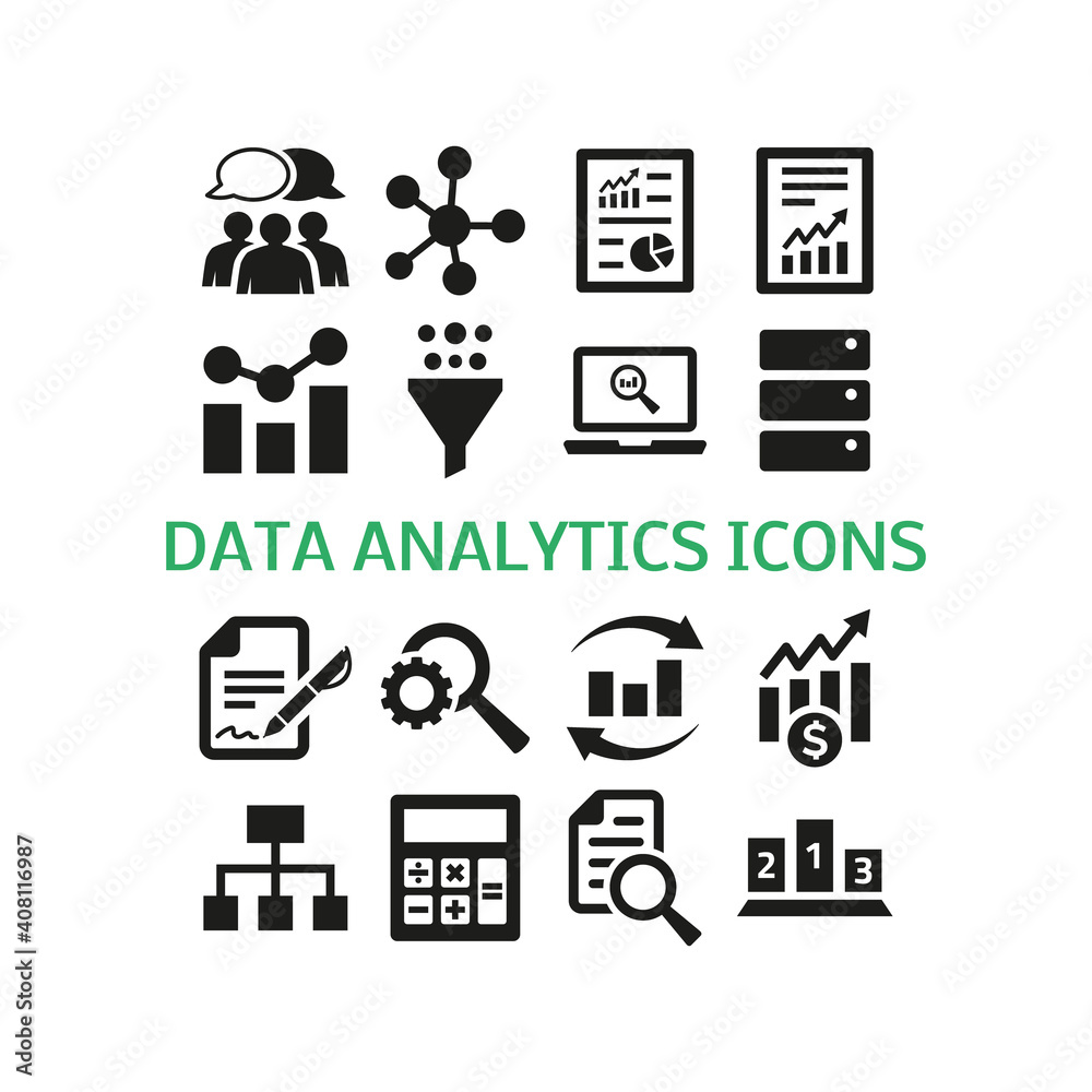 Data analytics icons set on white background.