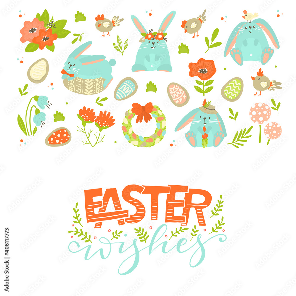 Easter holiday vector elements. Cookie eggs, chicken, rabbits