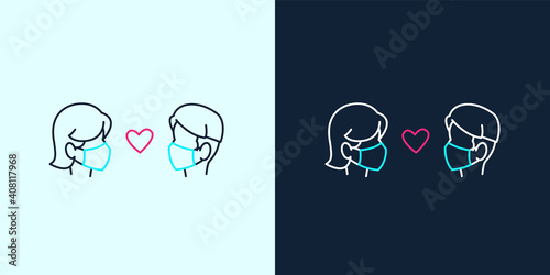 Hand drawn outline portrait of couple in face masks. A woman and a man faces with heart vector illustration.
