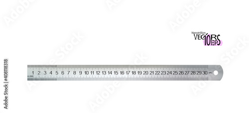 Top view realistic metal centimeters ruler, measuring tool isolated on white background. 30 sm, cm, meter instrument locksmiths or carpenters, craft and school supplies. Vector illustration.