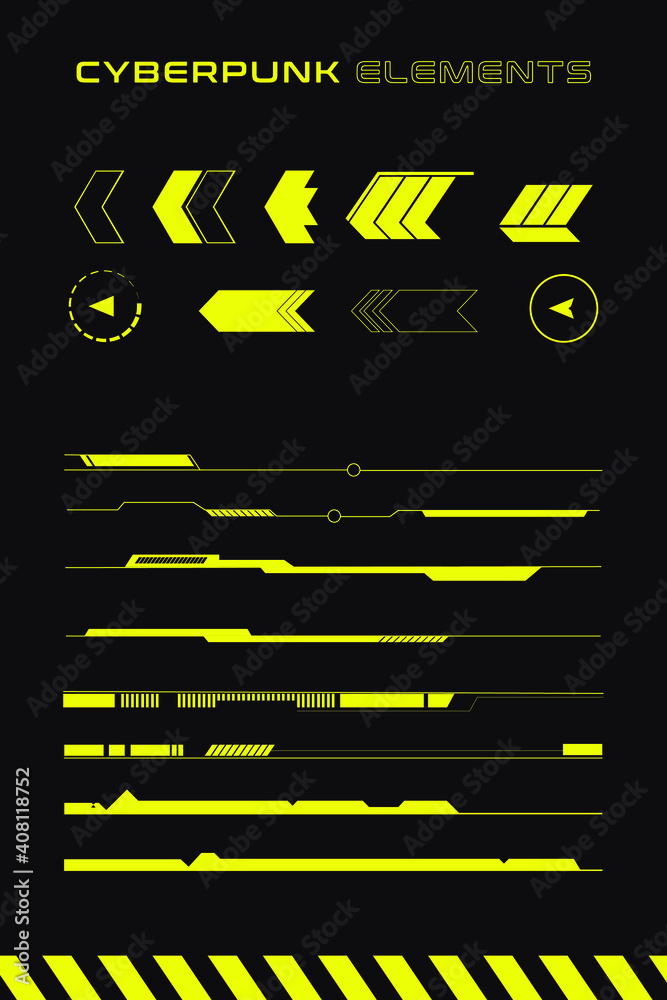 Set of futuristic interface elements. Arrows and lines in cyberpunk style of design.