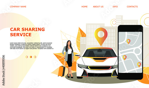 Landing page template web site carsharing or rent a car, sale and leasing cars, automotive services, insurance, car purchase. For mobile or smartphone application. Vector illustration. 