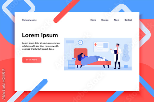 Doctor visiting patient with broken leg. Upset man with plaster on ankle in hospital room flat vector illustration. Trauma, healthcare, therapy concept for banner, website design or landing web page
