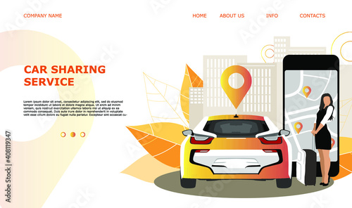 Landing page template web site carsharing or rent a car, sale and leasing cars, automotive services, insurance, car purchase. For mobile or smartphone application. Vector illustration. 
