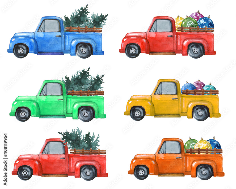 Watercolor retro trucks on a white background. Illustration for your design Watercolor retro trucks on a white background. Illustration for your design