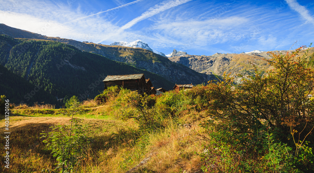 Wooden hut house in the swiss alps wallis, switzerland blue sky matterhorn alps, alpine old landscape