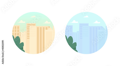 Modern skyscraper buildings 2D vector web banner, poster. Real estate. Urban condominium. City condo flat scene on cartoon background. Office complex printable patch, colorful web element