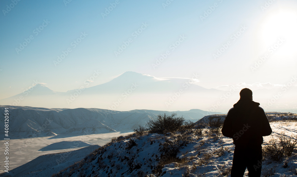 man on the background of Mount Ararat