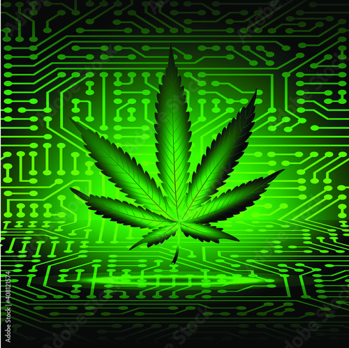 Cannabis leaf on modern futuristic electronic background with shadow. Vector illustration.