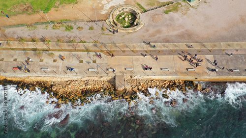 Aerial drone top down photo of archaeological site - tomb of Themistoklis in old Fertiliser factory, Piraeus port, Attica, Greece photo