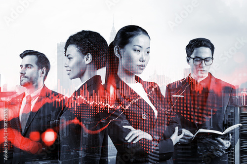 Photography Group of business colleagues in suits as a part of multinational corporate team working on forecasting trading corporate strategy at fund