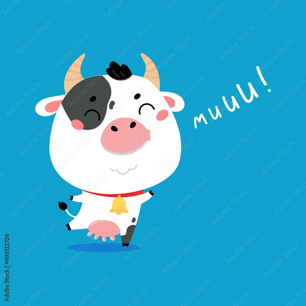 Cute cartoon farm milk animal character on blue background. Vector funny mascot. Vector Illustration of farm cow for printing on products and packaging containing milk in simple children's style. Cute cartoon farm milk animal character on blue background. Vector funny mascot. Vector Illustration of farm cow for printing on products and packaging containing milk in simple children's style.