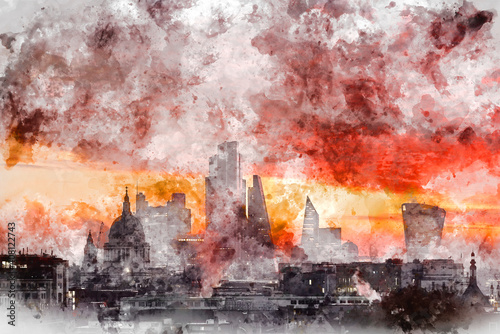 Fototapeta Naklejka Na Ścianę i Meble -  Digital watercolor painting of Majestic lamndscape image of sunrise over London cityscape with stunning sky formations over iconic landmarks