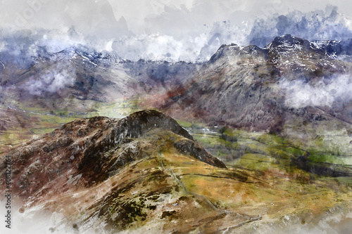 Digital watercolor painting of Stunning landscape image of Langdale pikes and valley in Winter with dramatic low level clouds and mist swirling around