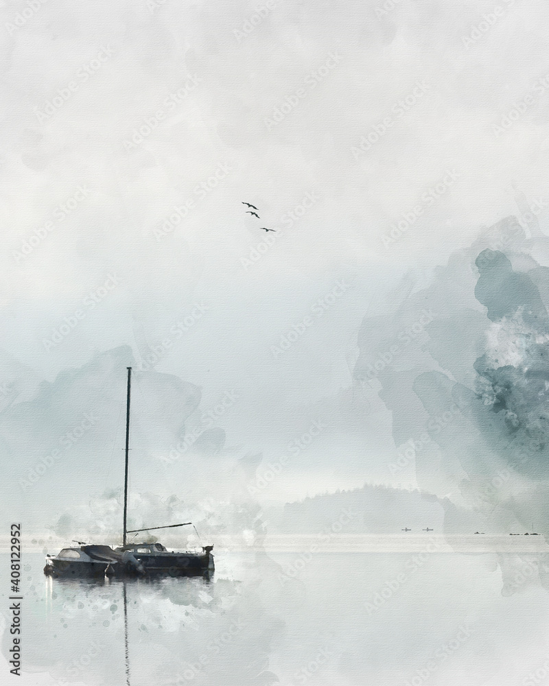 Fototapeta premium Digital watercolor painting of Beautiful peaceful image of sailing boat on Derwentwater in Lake District on a Winter morning
