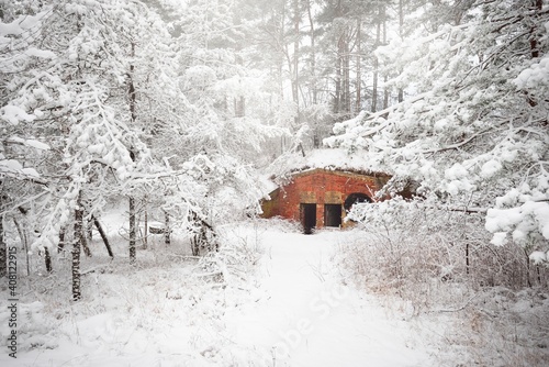 An old abandoned red brick military pillbox in the middle of the snow-covered forest. Latvia, Europe. Landmarks, architecture. History, past, war, conflict, fortification, protection themes photo