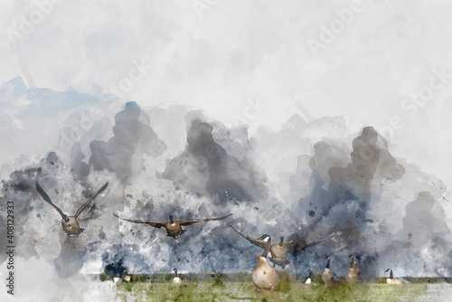 Digital watercolor painting of Canada geese in landscape of Skiddaw snow capped mountain range in Lake District in Winter with low level cloud around peaks © veneratio