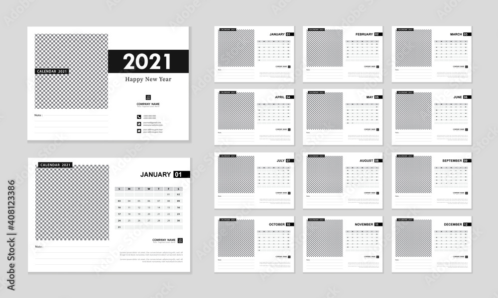 Desk Calendar template 2021 year. Black and white clean calendar design template. 12 months included. Print ready calendar. Week starts Sunday. Desk Calendar template 2021 year. Black and white clean calendar design template. 12 months included. Print ready calendar. Week starts Sunday.
