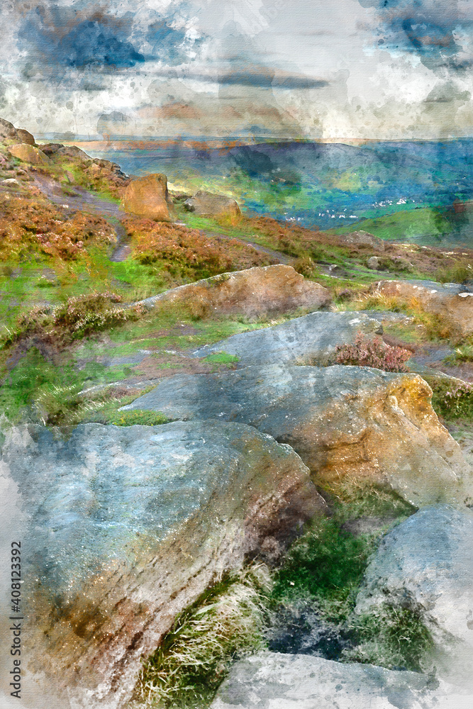 Digital watercolor painting of Epic colorful landscape view of late Summer heather in Peak District around Higger Tor at sunrise
