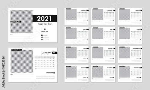 Desk Calendar template 2021 year. Black and white clean calendar design template. 12 months included. Print ready calendar. Week starts Sunday.