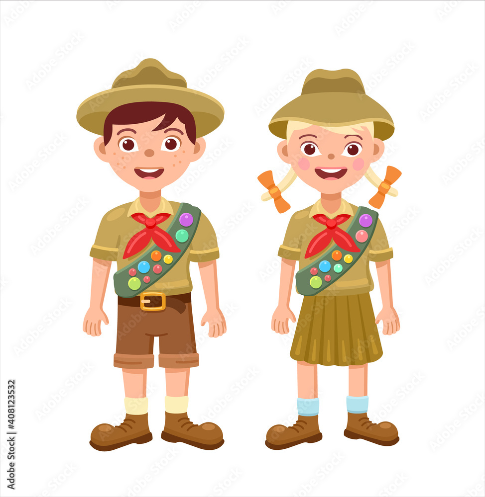 Boy and girl scouts in scout uniforms. Vector flat illustration. Boy and girl scouts in scout uniforms. Vector flat illustration.