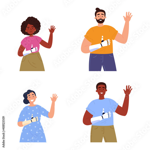 Disabled women and man presents a prosthesis.Young people with artificial limbs isolated cartoon character on white background. Advertising concept. Vector flat style cartoon illustration.