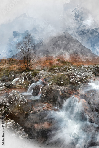 Digital watercolor painting of Epic landscape image of Buachaille Etive Mor waterfall in Scottish highlands on a Winter morning with long exposure for smooth flowing water