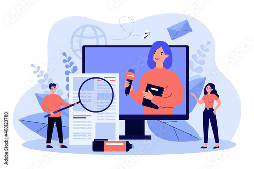 Broadcasting with journalist or newscaster reading newsletter, reporting news. People watching news on TV, reading press. Vector illustration for digital television, media, communication concept © Bro Vector