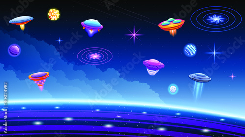 Fototapeta Naklejka Na Ścianę i Meble -  Abstract Aliens On Flying Saucers In Dark Space Planet Background Gradient Unidentified Flying Object Ufo Stars Clouds Vector Design Style